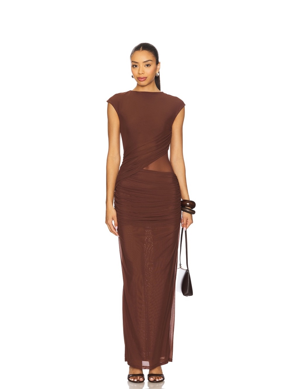 Cap-Sleeve Brown Ruched Maxi Dress